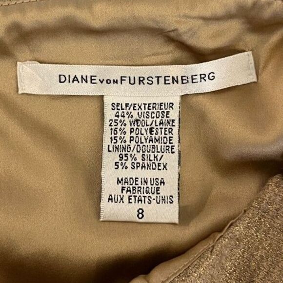 Diane Von Furstenberg Women's Size 8 Gold Matallic Tan Wool Sheath Dress Party - Picture 4 of 14